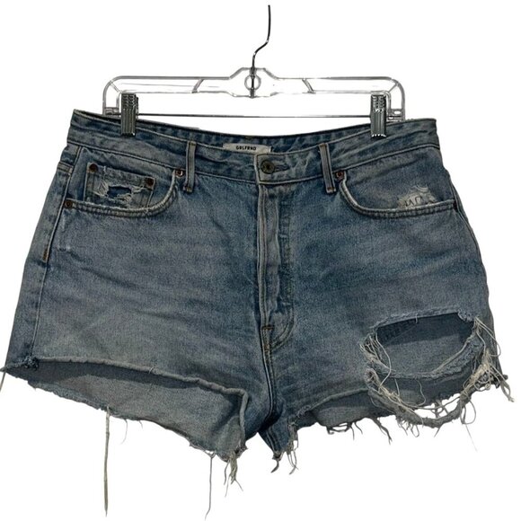 Grlfrnd Blue High-Waisted Distressed Denim Frayed Hems & Button Fly Women's Shor - Picture 1 of 10